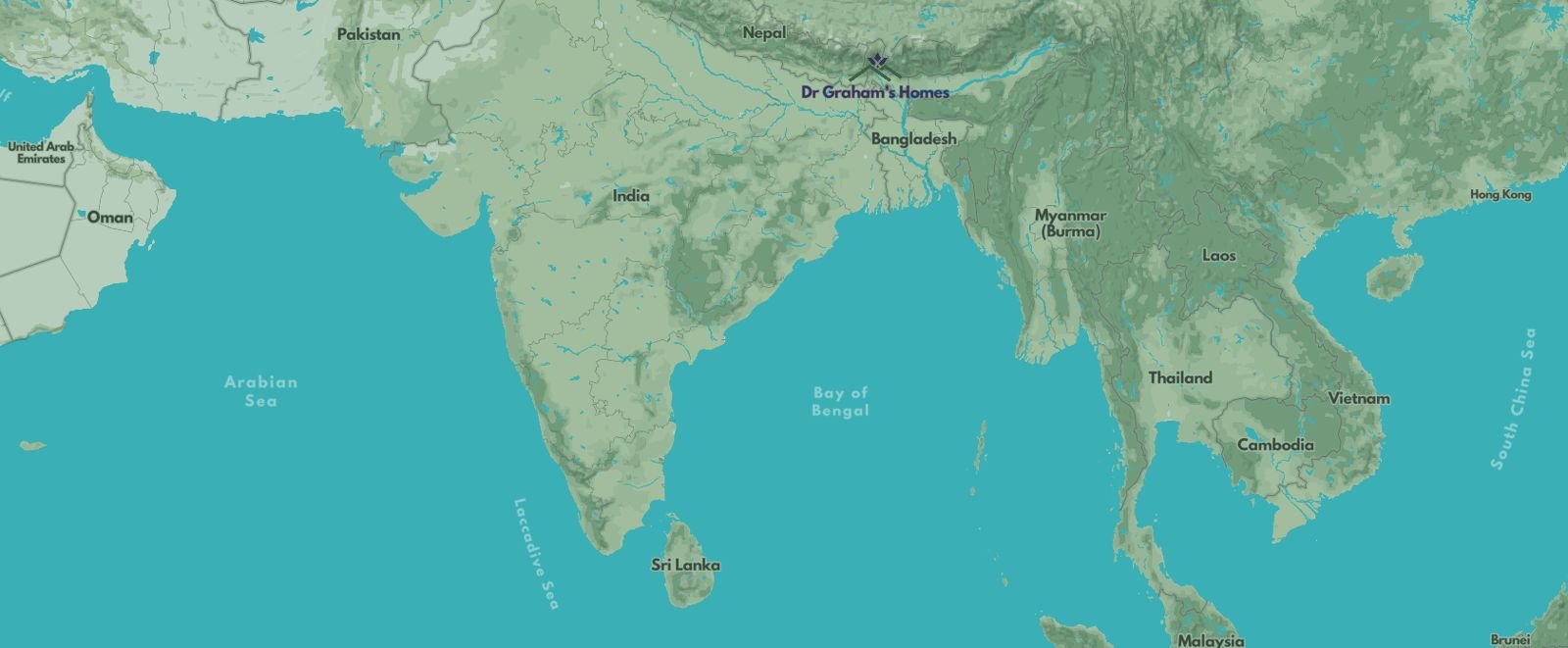 Map of India and South Asia with Dr Graham’s Homes marked in the eastern Himalaya at Kalimpong